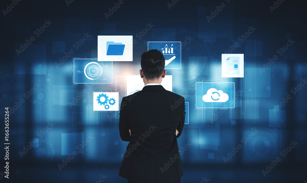 Poster digital business infrastructure with data system, analytics, sync. system management improves access