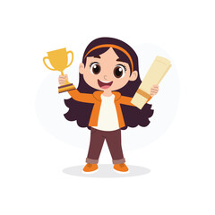 Flat Vector Illustration of Happy Girl Holding Trophy and Certificate