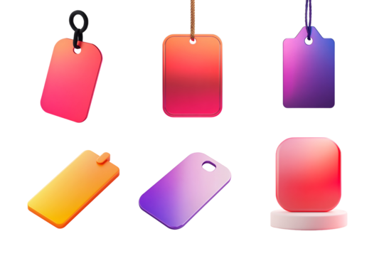 Colorful gradient tags in various shapes perfect for digital design projects, branding, and product marketing.