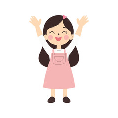 Flat Vector Illustration of Happy Little Girl Raising Hands, Cute Child Cartoon