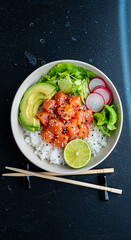 Overhead Shot of Fresh Salmon Poke Bowl with Avocado and Radish