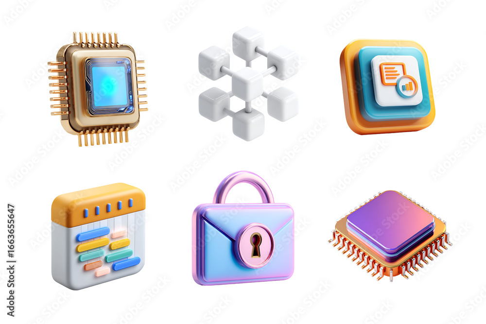 Poster collection of colorful tech icons showcasing modern digital elements and security features in a crea