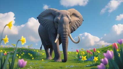 Majestic african elephant standing in a spring meadow surrounded by colorful flowers