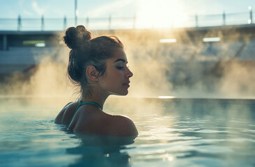 A  woman with her hair in a bun, soaking in a steamy, sunlit pool. The warm light creates a halo effect as she closes her eyes, relaxing.