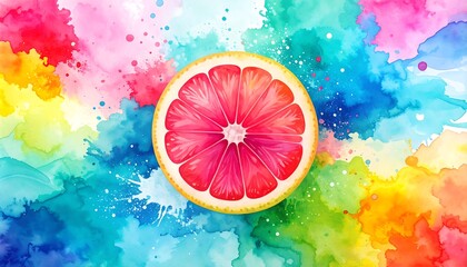 Vibrant grapefruit slice set against a backdrop of colourful watercolor splatters.