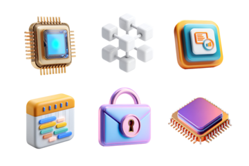 Collection of colorful tech icons showcasing modern digital elements and security features in a creative design.