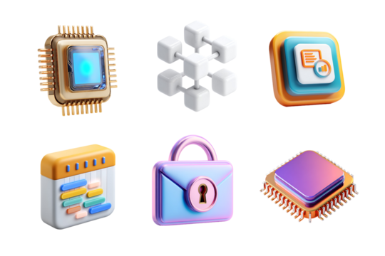 Collection of colorful tech icons showcasing modern digital elements and security features in a creative design.