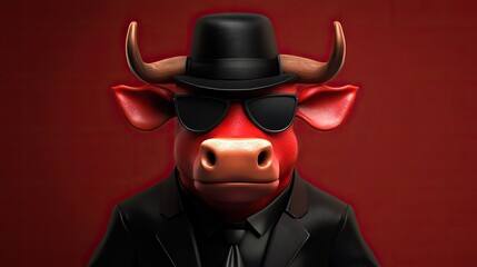 3d character of red bull wearing black mafia suit, with black mafia hat also. In the style of street vintage tshirt design. on isolated background -