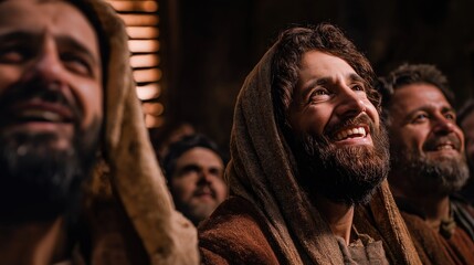 The upper room at Pentecost bursts with divine fire, disciples filled with the Holy Spirit as tongues of flame rest upon them, voices rising in unity, birthing the church in power and glory.