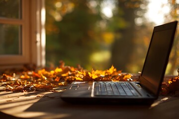 Laptop stands on wooden table with autumn leaves near window