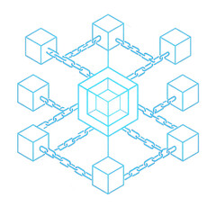 Isometric blue outline illustration of a blockchain network with interconnected data blocks and chains.