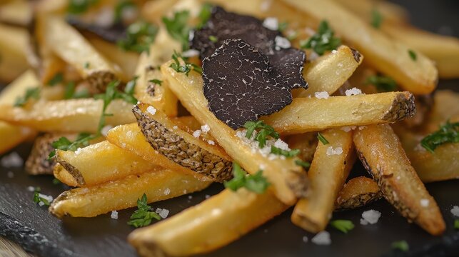 Luxury truffle fries featuring golden crispy potatoes with generous black truffle slices and herb garnish on sophisticated slate plate