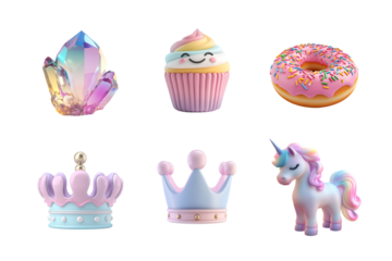A whimsical collection of pastel-themed objects, including a unicorn, cupcake, crown, crystal, and donut. Perfect for playful designs.