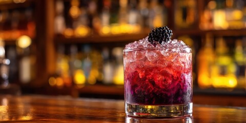 The vibrant blackberry cocktail garnished with ice on a rustic wooden bar.