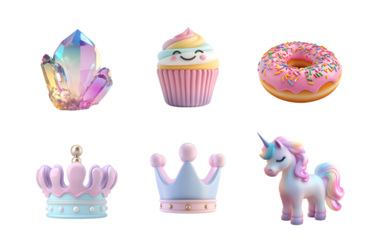 A whimsical collection of pastel-themed objects, including a unicorn, cupcake, crown, crystal, and donut. Perfect for playful designs.
