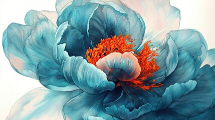 A highly detailed botanical illustration of a peony flower with deep teal petals and a vibrant, fiery orange and blue center.