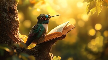 a humming bird with technical glasses on a tree reading a book, highly saturated color