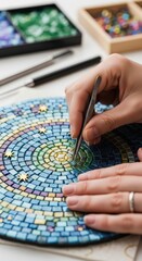 Closeup of hands using tweezers to place a small tile onto a circular mosaic art project with a star pattern