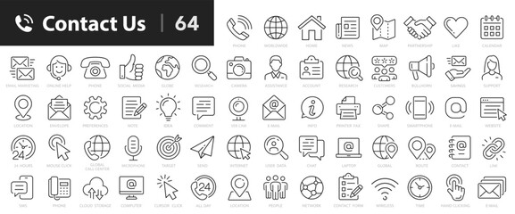 Contact line icons set. Contact us symbols outline 64 icons collection. Support, chat, call, address, website, message, phone - stock vector.