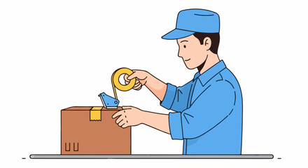 Delivery worker sealing a cardboard package with packing tape.