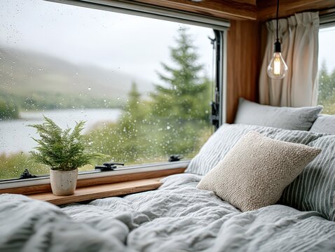Cozy Van Life: Rain, Lake, and Mountain View from a Camper Bed