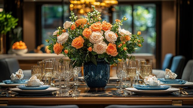 Elegant Peach And White Rose Bouquet On A Luxurious Dining Table Setting Complete With A Stunning Arrangement And Decorations For A Special Occassion Or Dinner Party. Including Elegant Interior