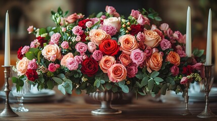 Elegant Red Pink Peach Rose Floral Centerpiece On Wooden Tabletop Decorated With Candles And Other Accessories. Rustic Style. Elegant Design. Vibrant Colors. Lush Bouquet.  Full And Abundant Blooms