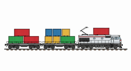 Obraz premium Freight train transporting colorful cargo containers on railway tracks.