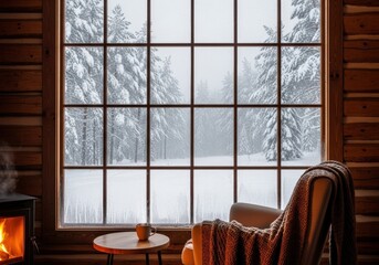 Cozy cabin interior with a warm armchair and blanket by a window overlooking a snowy winter forest with a fireplace