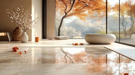Modern Minimalist Bathroom with Autumn View and Nature Inspired Decor Style and Architecture Elements and Landscape Details and Calm Interior Design Elements Inspired by Fall Season Warm Neutral