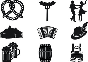 Oktoberfest Silhouette Vector Illustration Set. Beer Barrel, Pretzel, Sausage on Stick, Grilled Meat Platter, Bavarian Hat with Feather, Lederhosen, Dirndl , Accordion, Dancing Couple, Beer Tent, Ferr