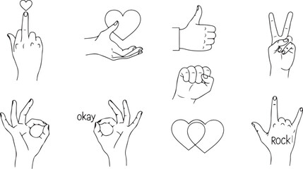 Collection of hand gesture line art icons with hearts and symbols vector illustration