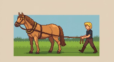 Pixel art of a person pulling a horse by a rope, retro style, simple background