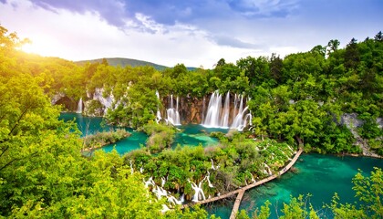 Breathtaking aerial vista showcasing Plitvice Lakes pristine cascades