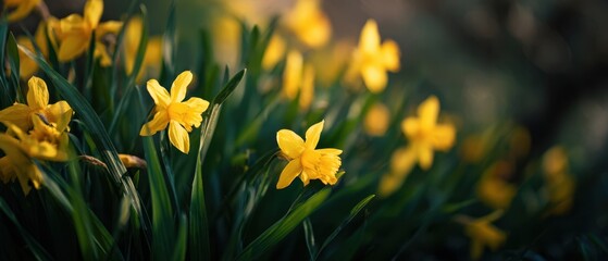 The vibrant daffodils blooming in a sunlit garden setting.