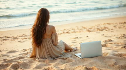 A woman is sitting on the beach and working remotely on her laptop