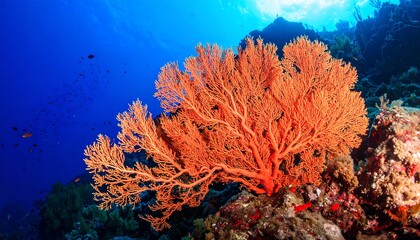 A vibrant, branching coral, a beautiful red sea fan, displays intricate details against a deep blue backdrop.