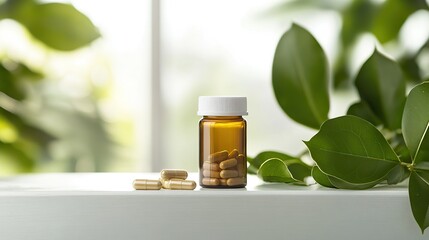 A bottle of herbal supplements on a white wooden table, surrounded by green leaves and soft morning sunlight, 