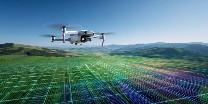 The drone flying over an expansive agricultural landscape with digital mapping grid.
