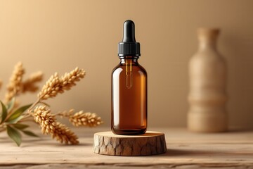 Amber glass dropper bottle with wheat and ceramic vase
