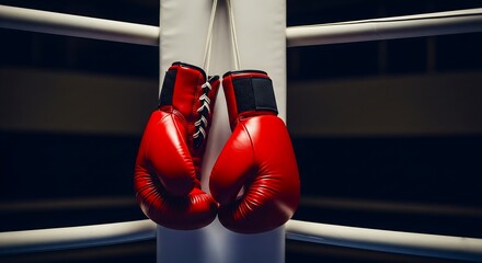 Classic red boxing gloves hang ready in an empty, dimly lit ring, symbolizing fierce competition, training, and combat sport.