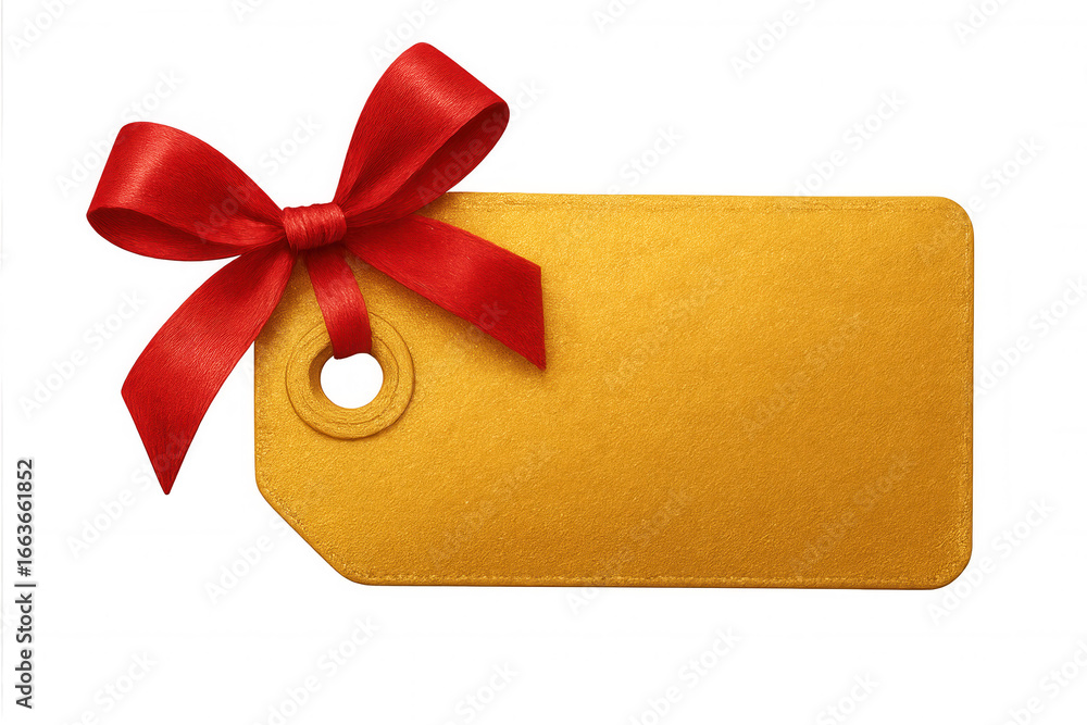 Poster golden blank label with red bow isolated on transparent background, perfect for adding custom messag