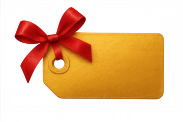 Golden blank label with red bow isolated on transparent background, perfect for adding custom messages or branding to gifts and products
