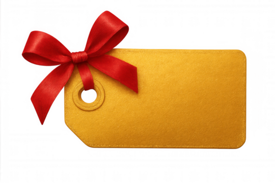 Golden blank label with red bow isolated on transparent background, perfect for adding custom messages or branding to gifts and products