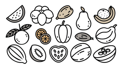 Collection of Hand-Drawn Line Art Fruits: Apples, Pineapples, Strawberries, Watermelon, and More.