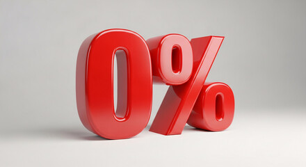 Zero Percent Interest Bright Red 3D Render of '0%' Symbol on a Clean Grey Backdrop