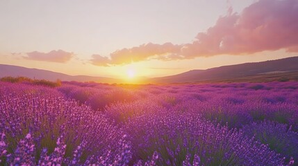 Breathtaking sunset over lavender field in full bloom creating a dreamy nature landscape filled with peace and color on white background 
