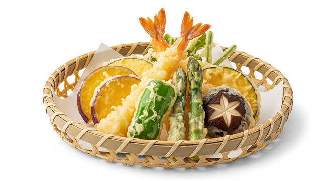 Crispy tempura assortment in a woven bamboo basket, featuring shrimp, vegetables, and sweet potato.