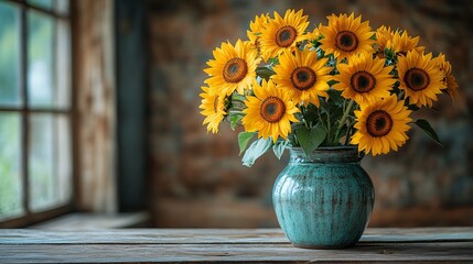 Yellow Sunflower Bouquet in Teal Vase on Rustic Wooden Tabletop With Natural Light Backgrounds.Floral Arrangement Featuring Bright Yellow Sunflowers in a Teal Colored Vase.Rustic Countryside Style