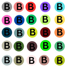 The image shows a grid of colorful circles, each with a bold black letter 